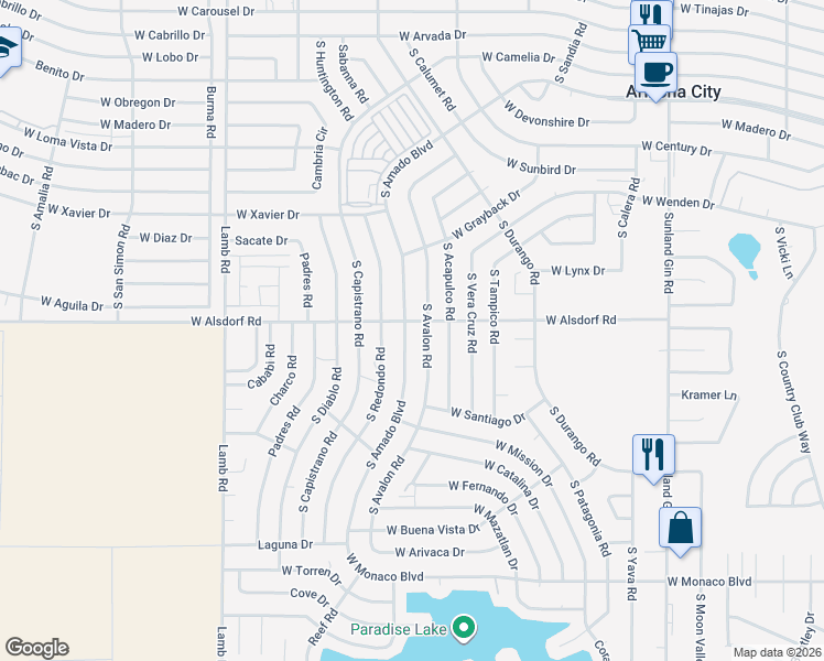 map of restaurants, bars, coffee shops, grocery stores, and more near 10591 West Alsdorf Road in Arizona City