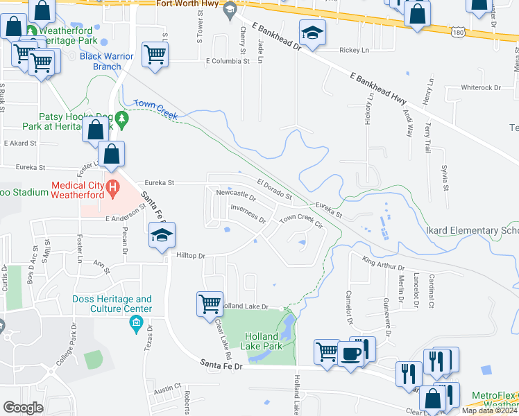 map of restaurants, bars, coffee shops, grocery stores, and more near 1013 Newcastle Drive in Weatherford