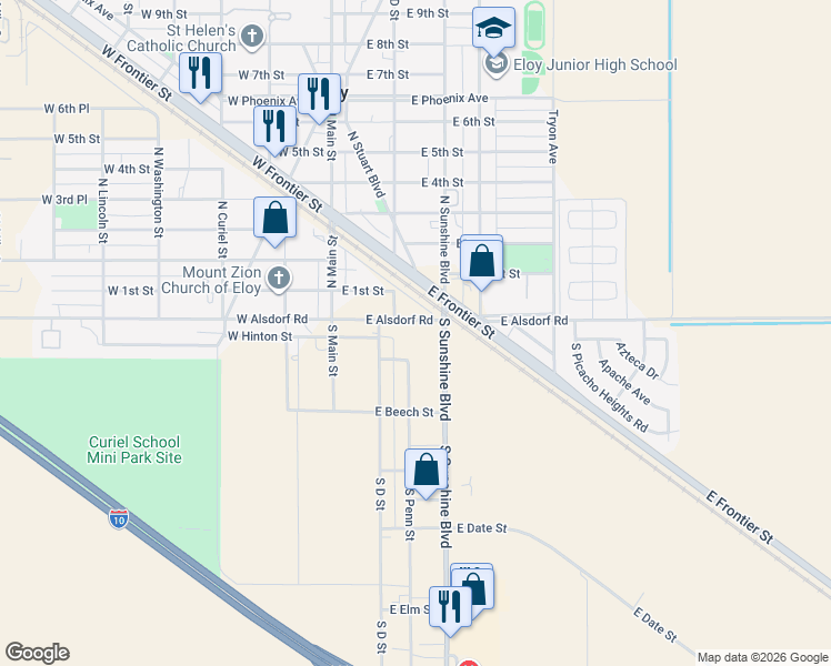 map of restaurants, bars, coffee shops, grocery stores, and more near 221 East Alsdorf Road in Eloy