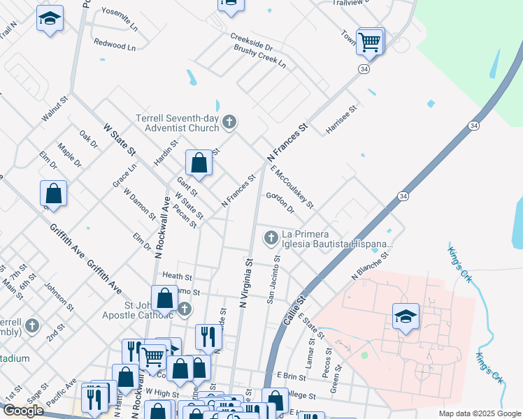 map of restaurants, bars, coffee shops, grocery stores, and more near 908 North Virginia Street in Terrell