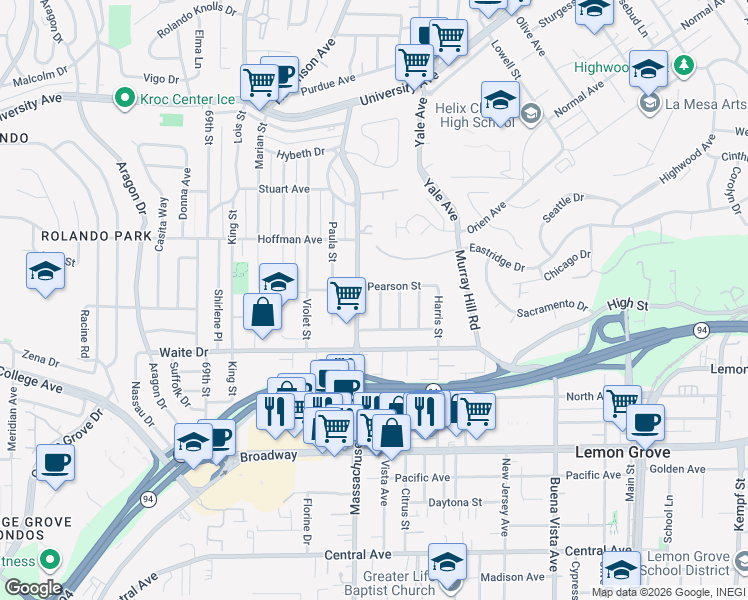 map of restaurants, bars, coffee shops, grocery stores, and more near 3880 Bass Street in La Mesa