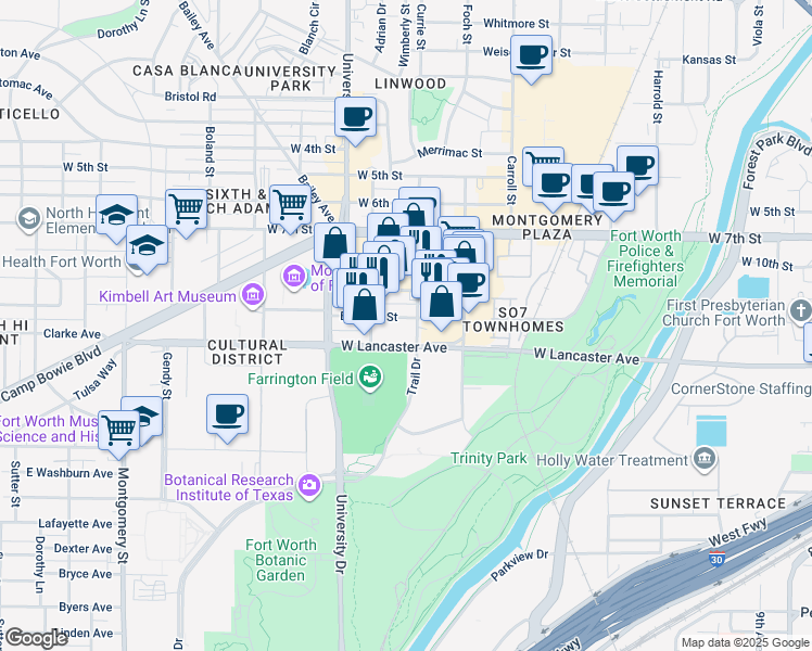 map of restaurants, bars, coffee shops, grocery stores, and more near 2913 Bledsoe Street in Fort Worth