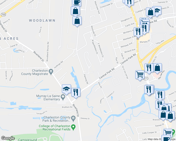 map of restaurants, bars, coffee shops, grocery stores, and more near 1820 Fleming Woods Road in Charleston