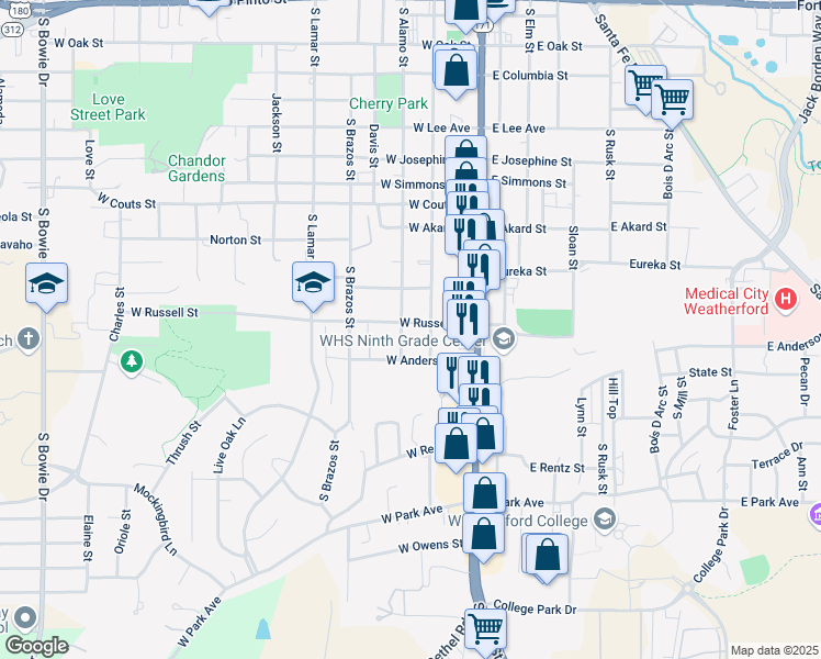 map of restaurants, bars, coffee shops, grocery stores, and more near 209 West Russell Street in Weatherford