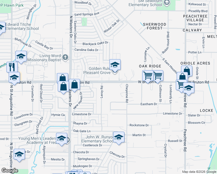 map of restaurants, bars, coffee shops, grocery stores, and more near 10622 Bruton Road in Dallas