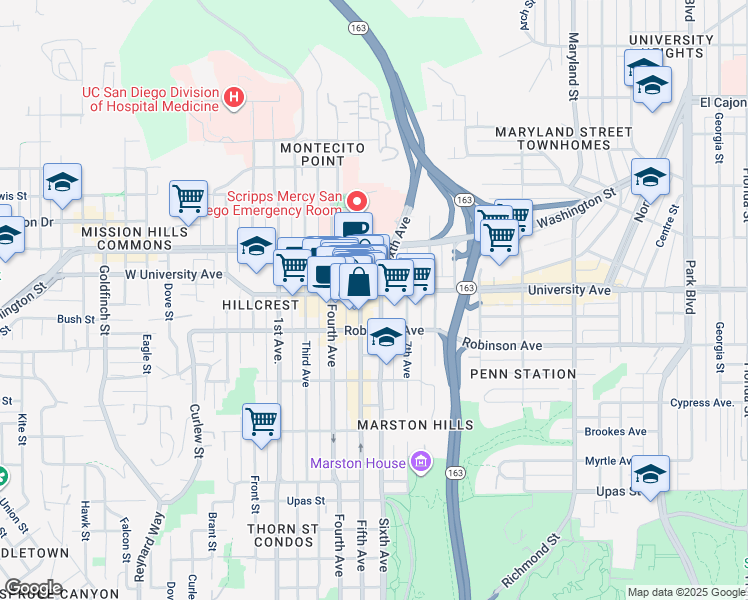 map of restaurants, bars, coffee shops, grocery stores, and more near 3880 Fifth Avenue in San Diego