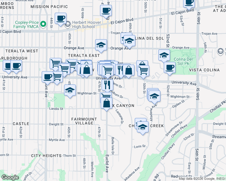 map of restaurants, bars, coffee shops, grocery stores, and more near 4780 Auburn Drive in San Diego