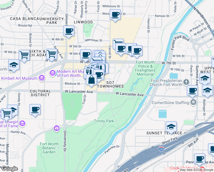 map of restaurants, bars, coffee shops, grocery stores, and more near 2709 Museum Way in Fort Worth