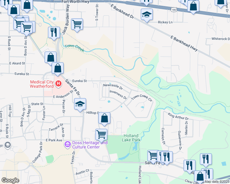 map of restaurants, bars, coffee shops, grocery stores, and more near 1034 Inverness Drive in Weatherford