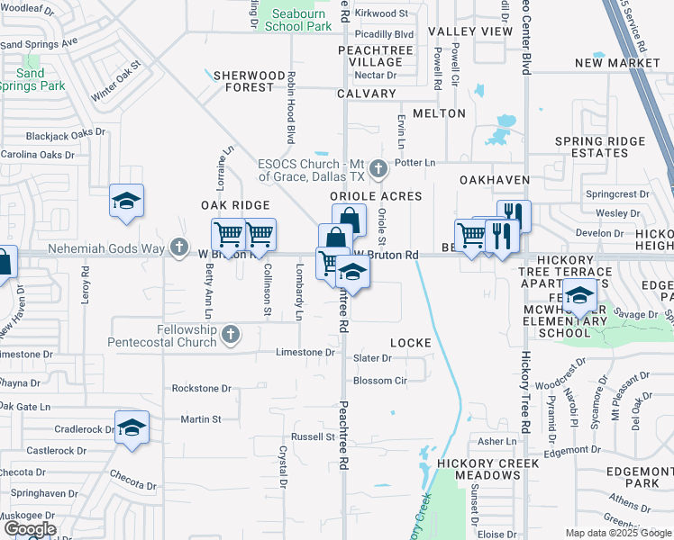 map of restaurants, bars, coffee shops, grocery stores, and more near 1503 South Peachtree Road in Balch Springs