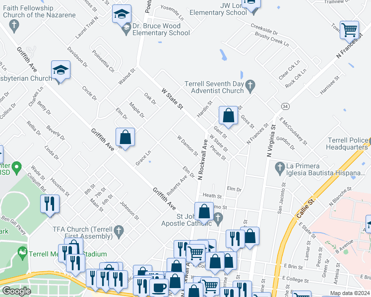 map of restaurants, bars, coffee shops, grocery stores, and more near 115 West Damon Street in Terrell