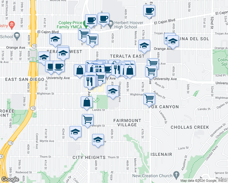 map of restaurants, bars, coffee shops, grocery stores, and more near 3813 45th Street in San Diego