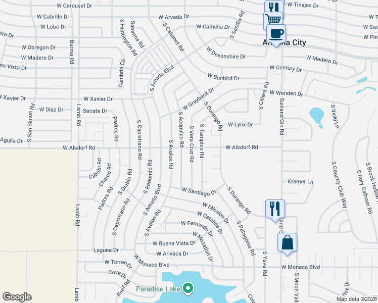 map of restaurants, bars, coffee shops, grocery stores, and more near 14515 South Acapulco Road in Arizona City