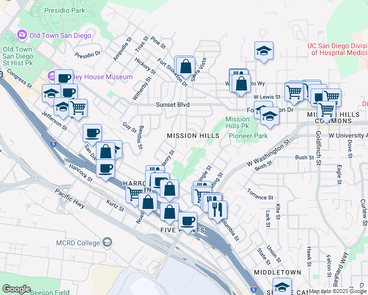 map of restaurants, bars, coffee shops, grocery stores, and more near 3912 Saint James Place in San Diego