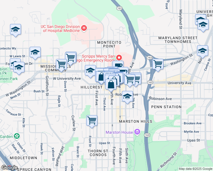 map of restaurants, bars, coffee shops, grocery stores, and more near 301 University Avenue in San Diego