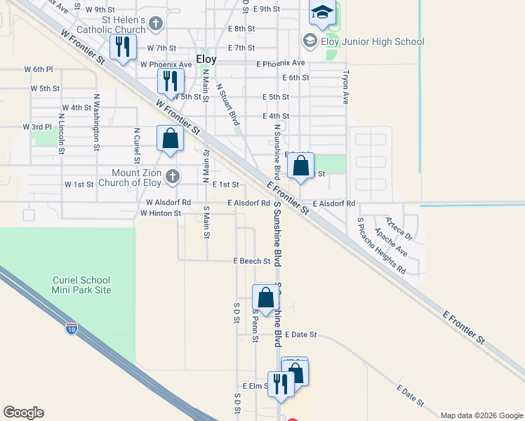 map of restaurants, bars, coffee shops, grocery stores, and more near 221 East Alsdorf Road in Eloy