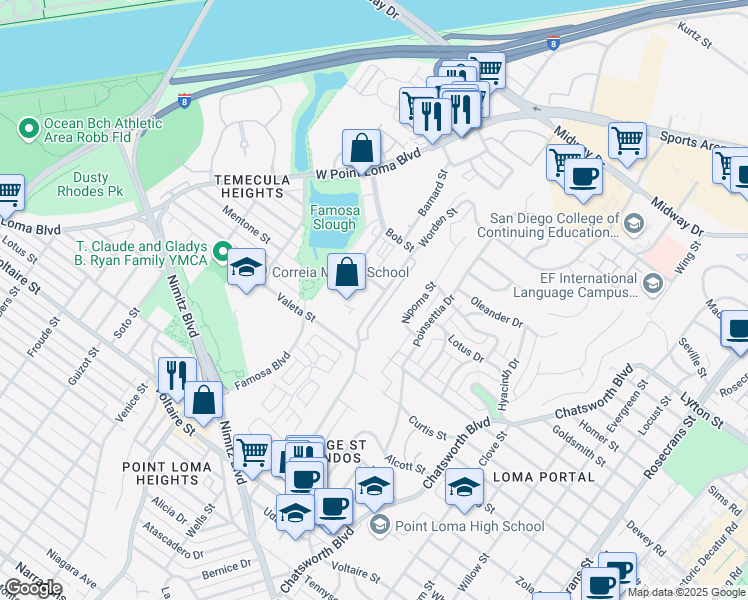 map of restaurants, bars, coffee shops, grocery stores, and more near in San Diego