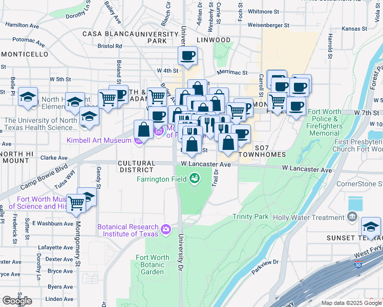 map of restaurants, bars, coffee shops, grocery stores, and more near 3003 Bledsoe Street in Fort Worth