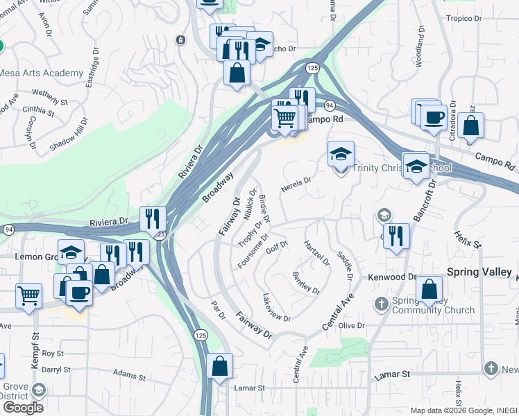 map of restaurants, bars, coffee shops, grocery stores, and more near 3611 Birdie Drive in La Mesa