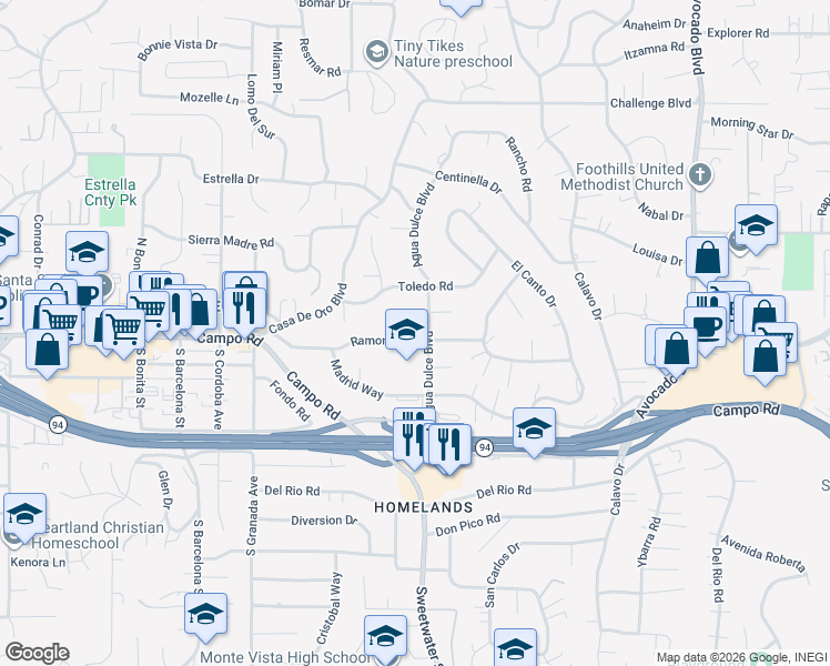 map of restaurants, bars, coffee shops, grocery stores, and more near 10226 Ramona Drive in Spring Valley