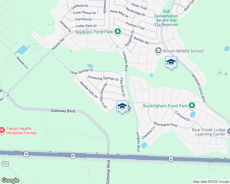 map of restaurants, bars, coffee shops, grocery stores, and more near 3010 Granite Rock Trail in Forney