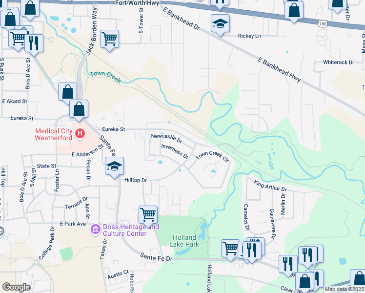 map of restaurants, bars, coffee shops, grocery stores, and more near 1015 Newcastle Drive in Weatherford