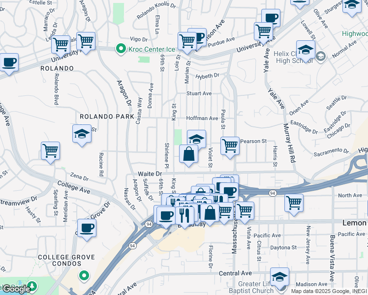 map of restaurants, bars, coffee shops, grocery stores, and more near 3867 King Street in La Mesa