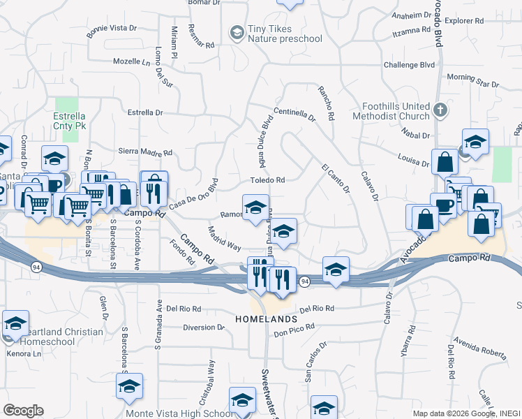 map of restaurants, bars, coffee shops, grocery stores, and more near 10226 Ramona Drive in Spring Valley