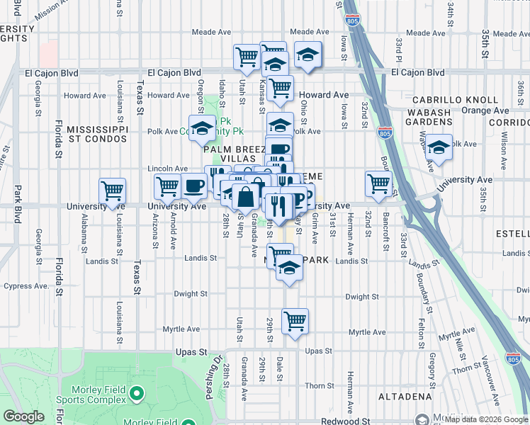 map of restaurants, bars, coffee shops, grocery stores, and more near 3830 Granada Avenue in San Diego