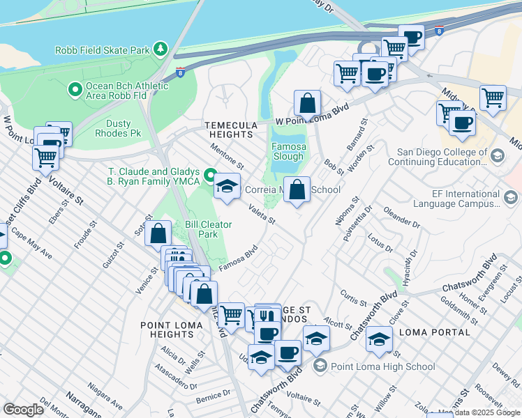 map of restaurants, bars, coffee shops, grocery stores, and more near 4201 Montalvo Street in San Diego