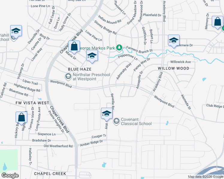 map of restaurants, bars, coffee shops, grocery stores, and more near 805 Reveille Road in Fort Worth