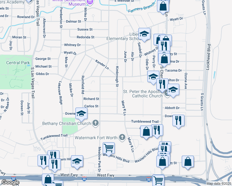 map of restaurants, bars, coffee shops, grocery stores, and more near 1000 Kimbrough Street in White Settlement