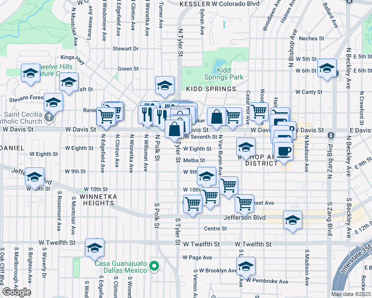 map of restaurants, bars, coffee shops, grocery stores, and more near West Eighth Street in Dallas