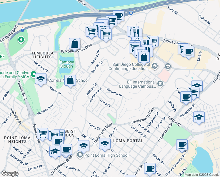 map of restaurants, bars, coffee shops, grocery stores, and more near 3726 Oleander Drive in San Diego