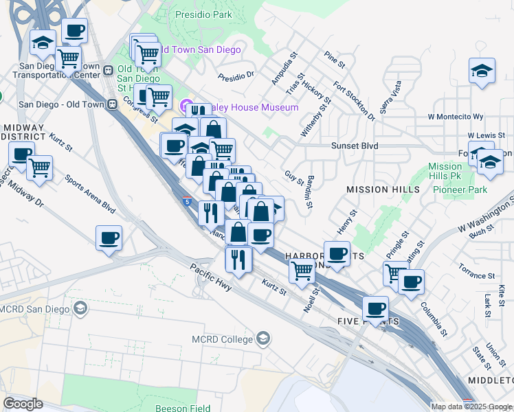 map of restaurants, bars, coffee shops, grocery stores, and more near 2186 West California Street in San Diego