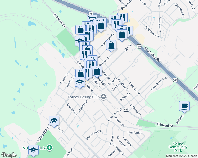 map of restaurants, bars, coffee shops, grocery stores, and more near 241 Farm to Market 740 in Forney