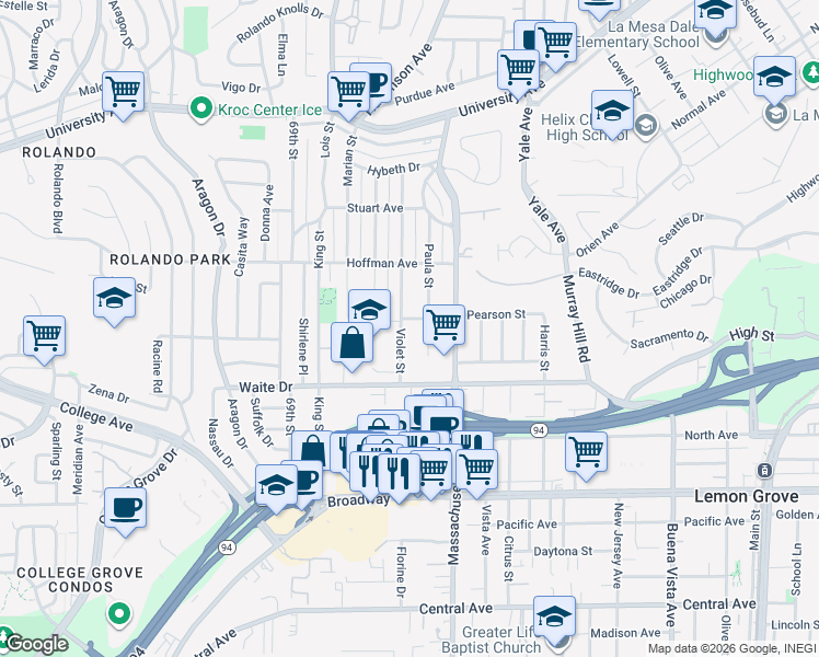 map of restaurants, bars, coffee shops, grocery stores, and more near 3861 Violet Street in La Mesa