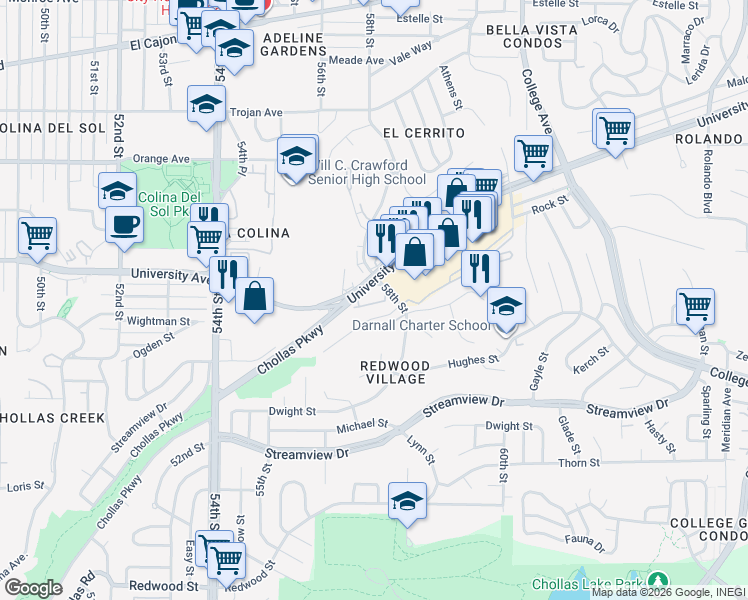 map of restaurants, bars, coffee shops, grocery stores, and more near 5748 Bates Street in San Diego