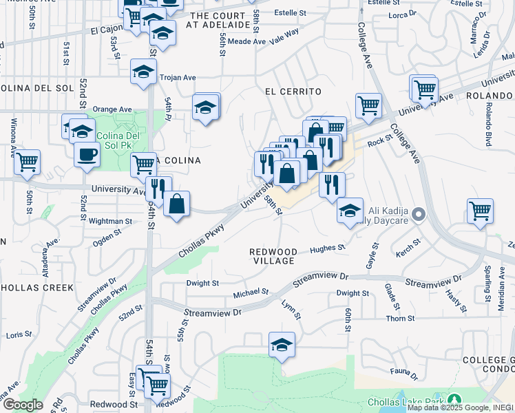 map of restaurants, bars, coffee shops, grocery stores, and more near 1635 Chollas Parkway in San Diego