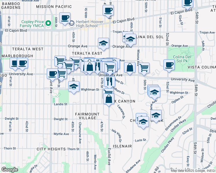 map of restaurants, bars, coffee shops, grocery stores, and more near 4718 Wightman Street in San Diego