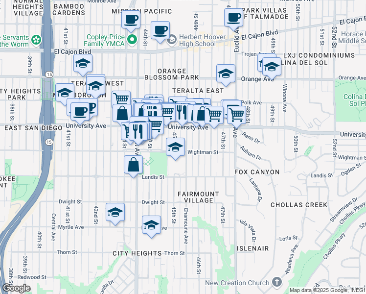 map of restaurants, bars, coffee shops, grocery stores, and more near 3811 45th Street in San Diego