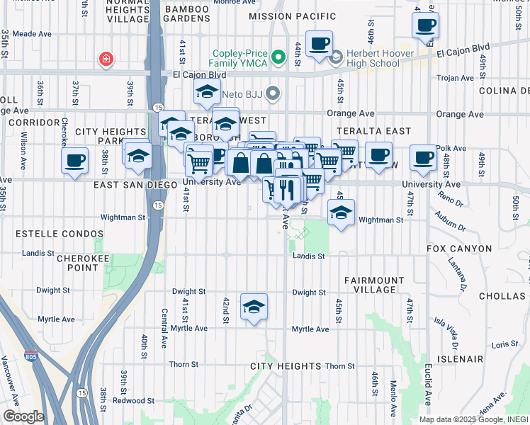 map of restaurants, bars, coffee shops, grocery stores, and more near 134 Wightman Street in San Diego