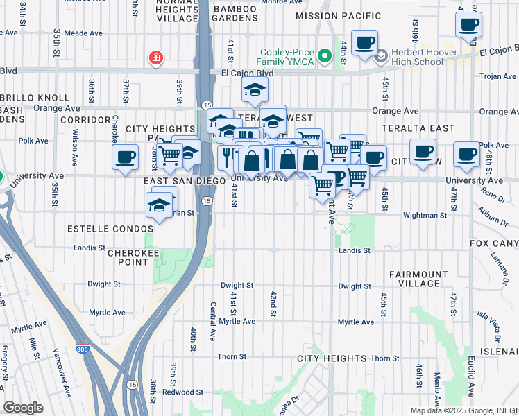 map of restaurants, bars, coffee shops, grocery stores, and more near 4178 Wightman Street in San Diego