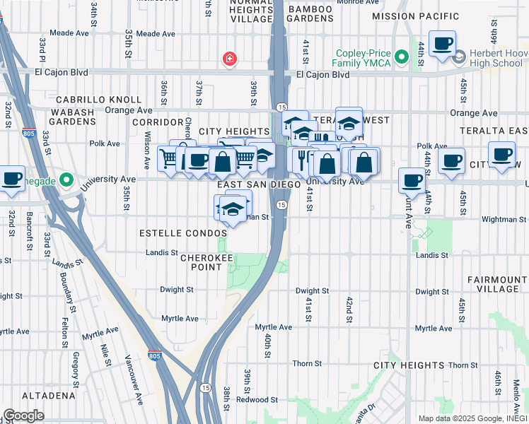 map of restaurants, bars, coffee shops, grocery stores, and more near 3812 40th Street in San Diego