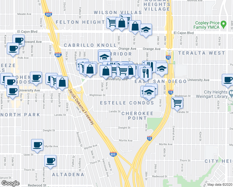 map of restaurants, bars, coffee shops, grocery stores, and more near 3805 36th Street in San Diego