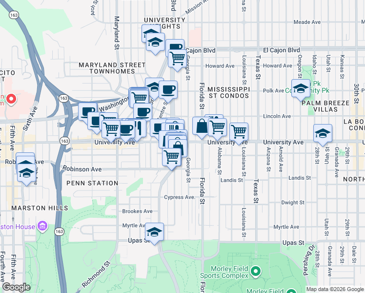 map of restaurants, bars, coffee shops, grocery stores, and more near 1829 Crestwood Place in San Diego