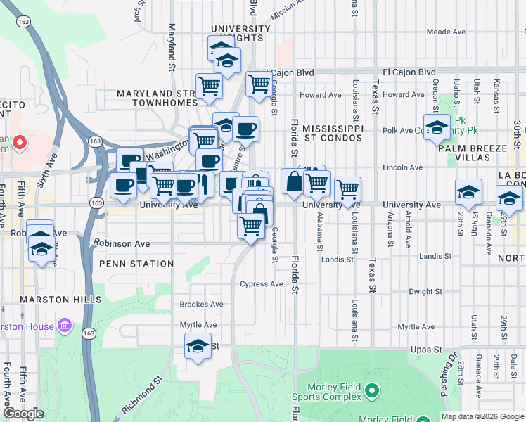 map of restaurants, bars, coffee shops, grocery stores, and more near 1829 Crestwood Place in San Diego