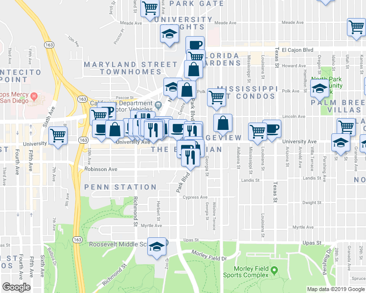 map of restaurants, bars, coffee shops, grocery stores, and more near in San Diego