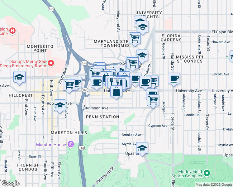 map of restaurants, bars, coffee shops, grocery stores, and more near 1295B University Avenue in San Diego