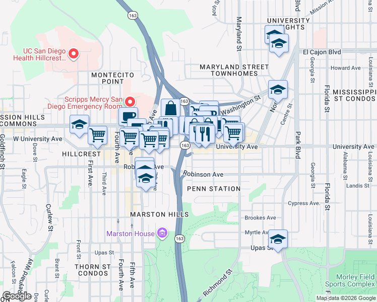 map of restaurants, bars, coffee shops, grocery stores, and more near 823 University Avenue in San Diego